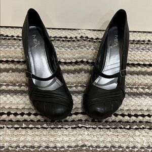 MIA, woman’s, black, wedge heels. Size 8 1/2” medium. Wear on inside.